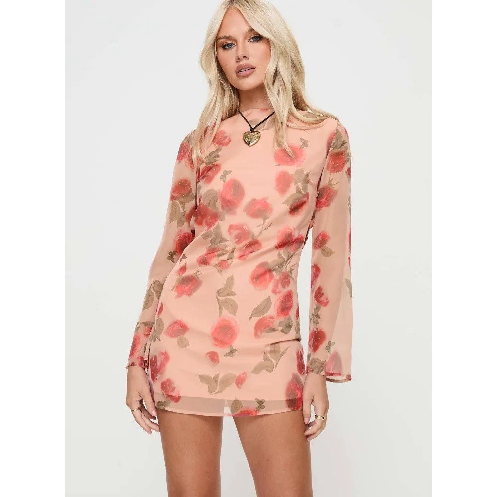 Princess Polly Florinda Long Sleeve Mini Dress Pink Floral Rose Low Back 4 NEW